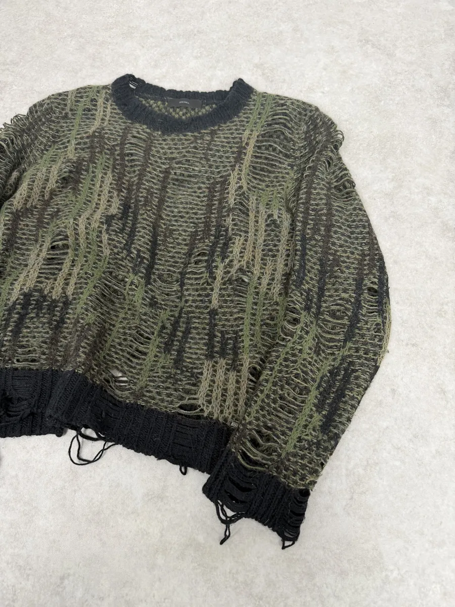 2010s Diesel Camo Green & Black Experimental Destroyed Sweater - Image 5