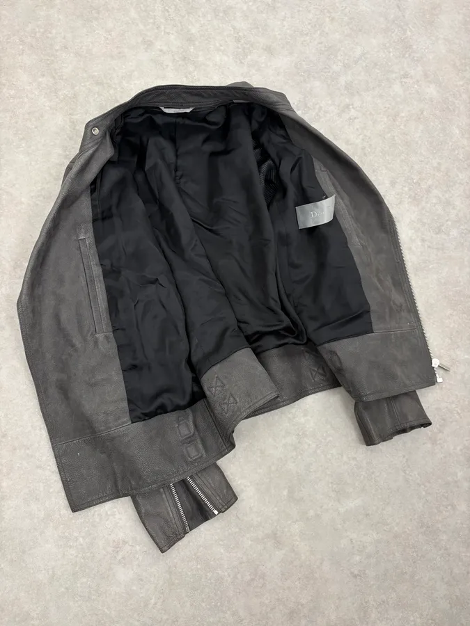 2010s Dior Grey Asymmetrical Leather Biker Jacket by Kris Van Assche - Image 10