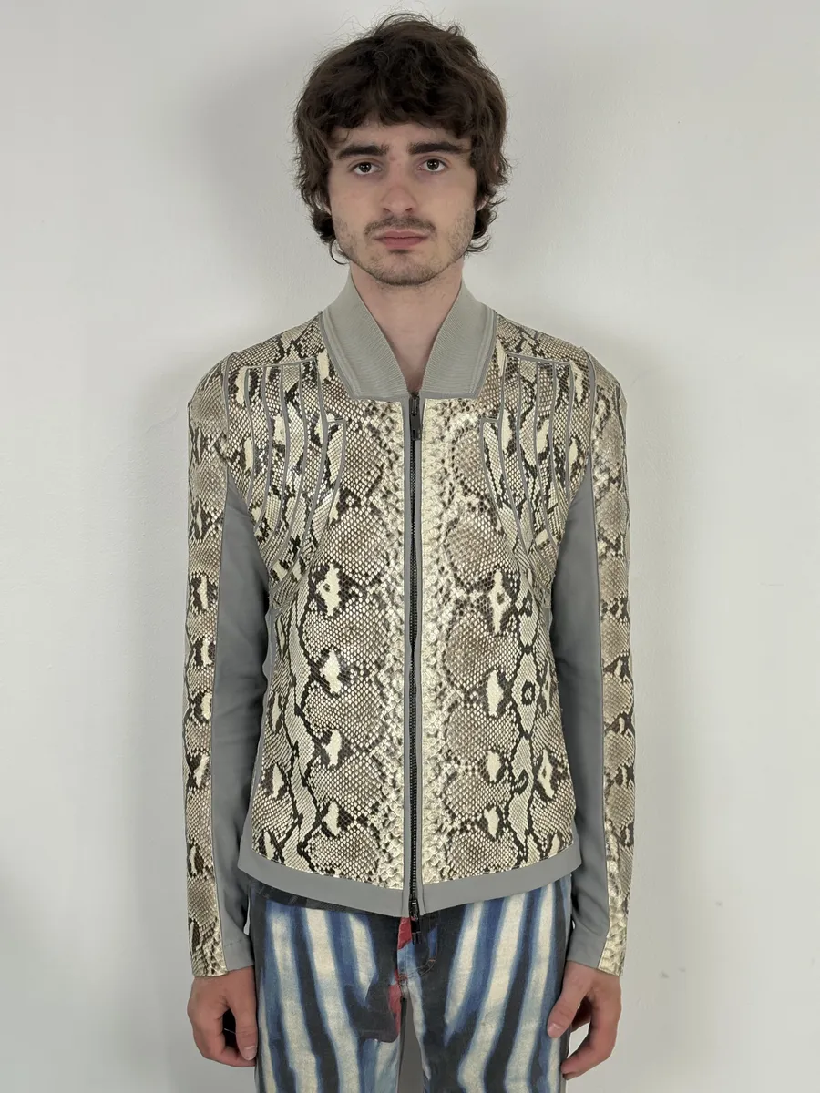 2010s Dirk Bikkembergs Grey & Beige Python Snakeskin Leather Jacket - Image 3