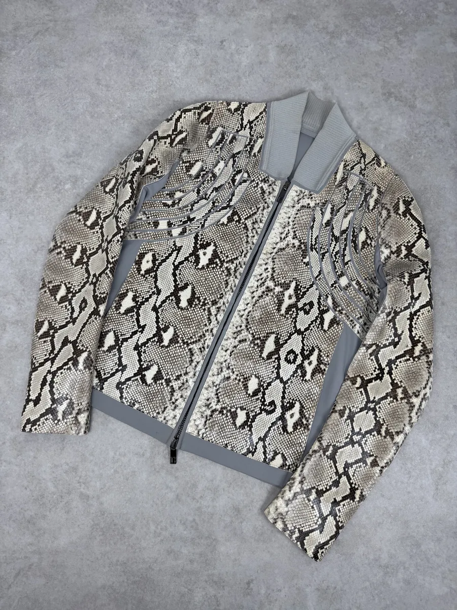 2010s Dirk Bikkembergs Grey & Beige Python Snakeskin Leather Jacket - Image 8