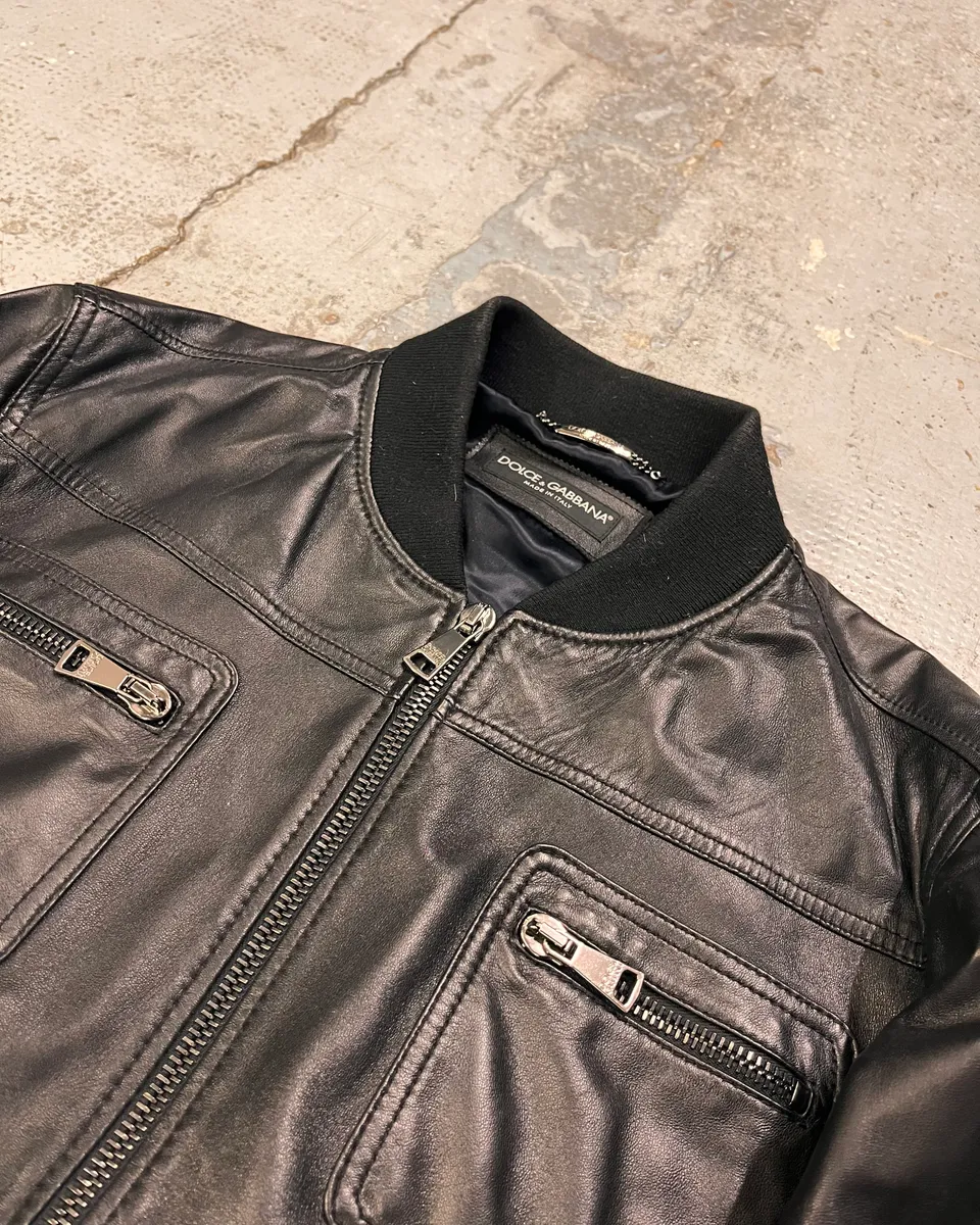 2010s Dolce & Gabbana Black Alpha Bomber Leather Jacket - Image 5