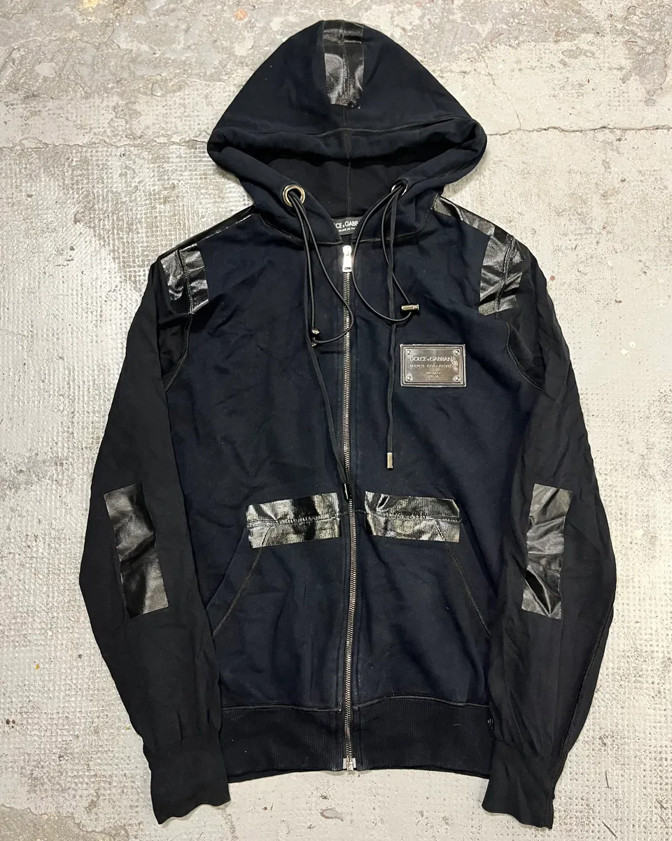 2010s Dolce & Gabbana Black Blend Leather Trim Zip-up Hoodie