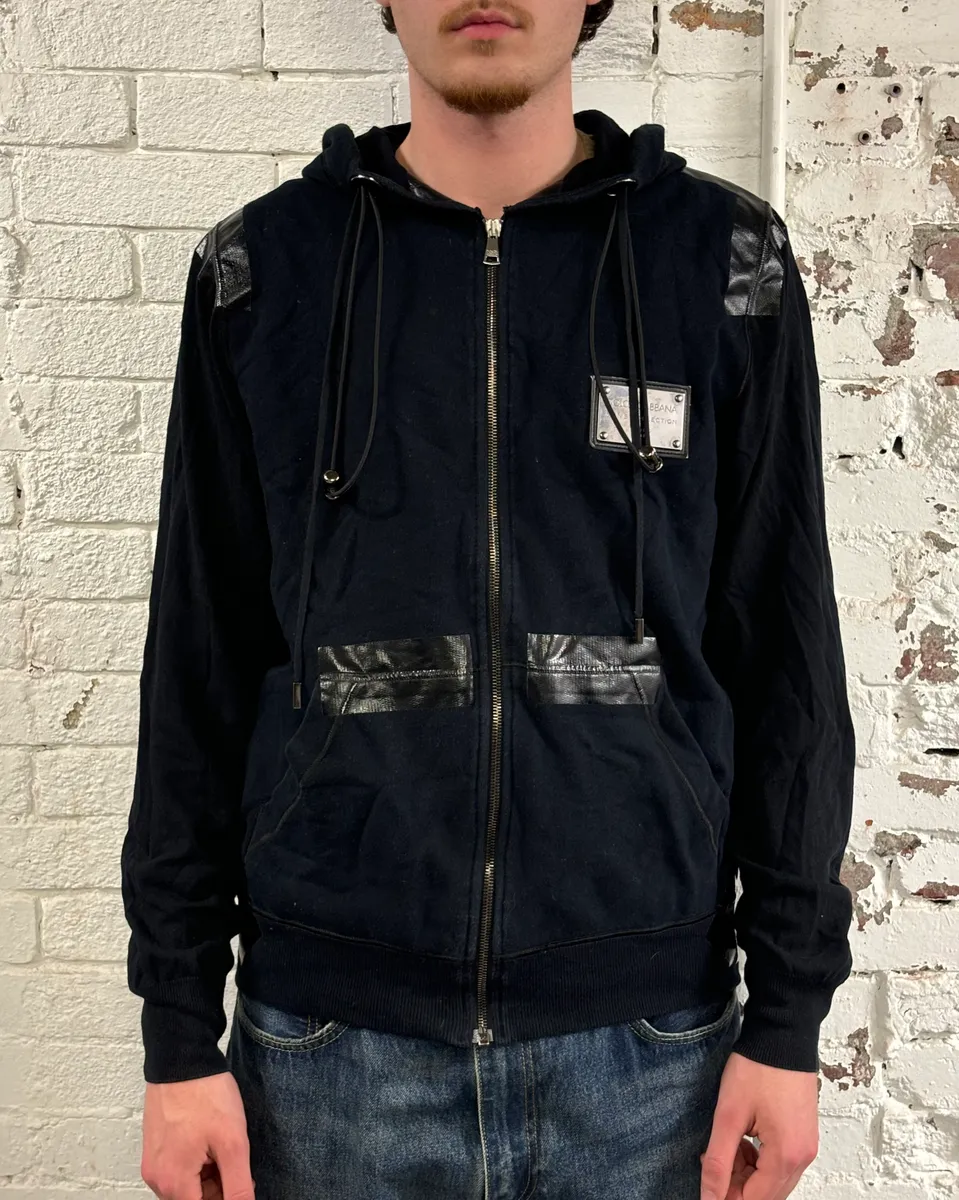 2010s Dolce & Gabbana Black Blend Leather Trim Zip-up Hoodie - Image 2