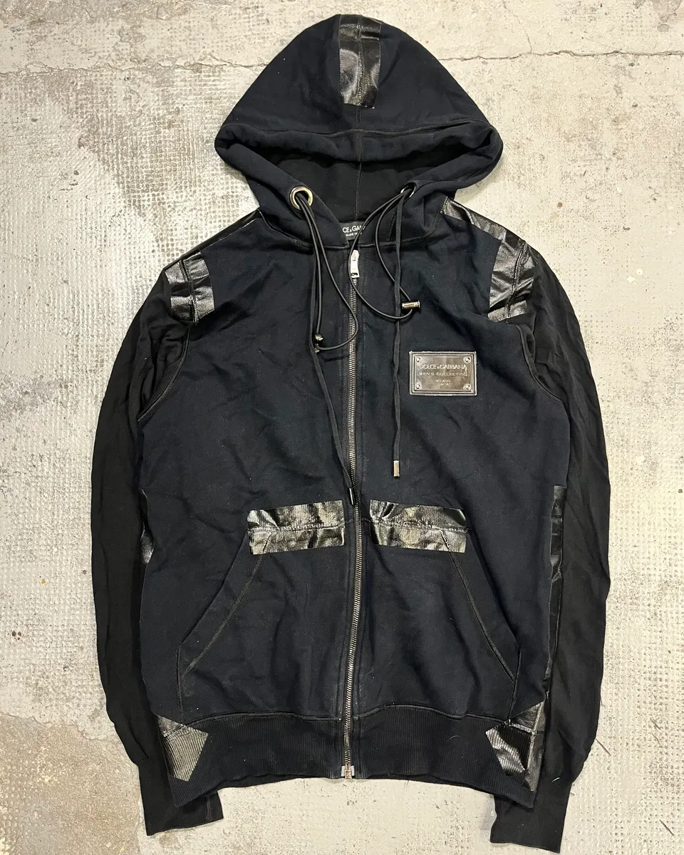 2010s Dolce & Gabbana Black Blend Leather Trim Zip-up Hoodie - Image 4