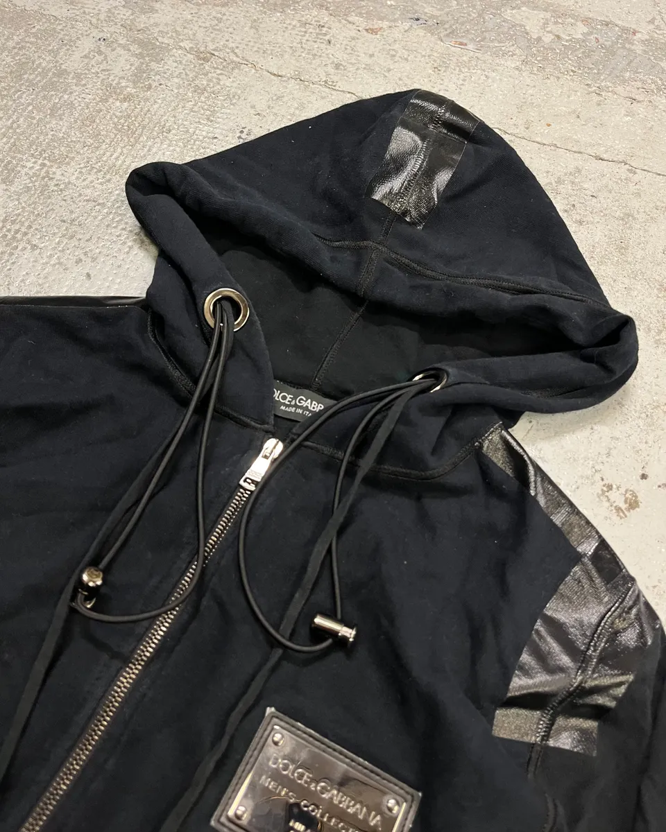 2010s Dolce & Gabbana Black Blend Leather Trim Zip-up Hoodie - Image 5
