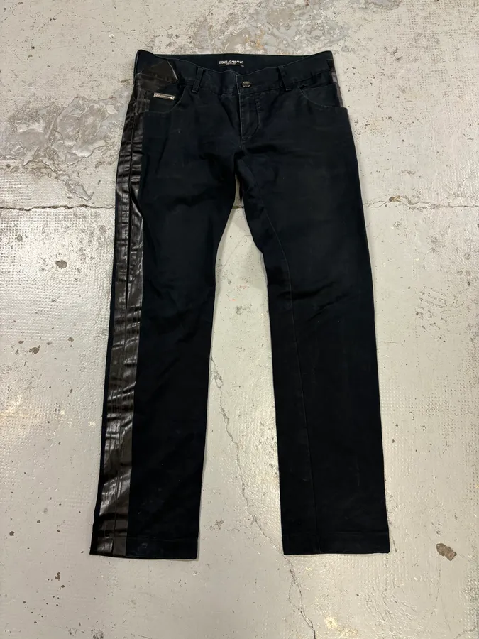 2010s Dolce & Gabbana Black Glossy Leather Trim Slim Jeans