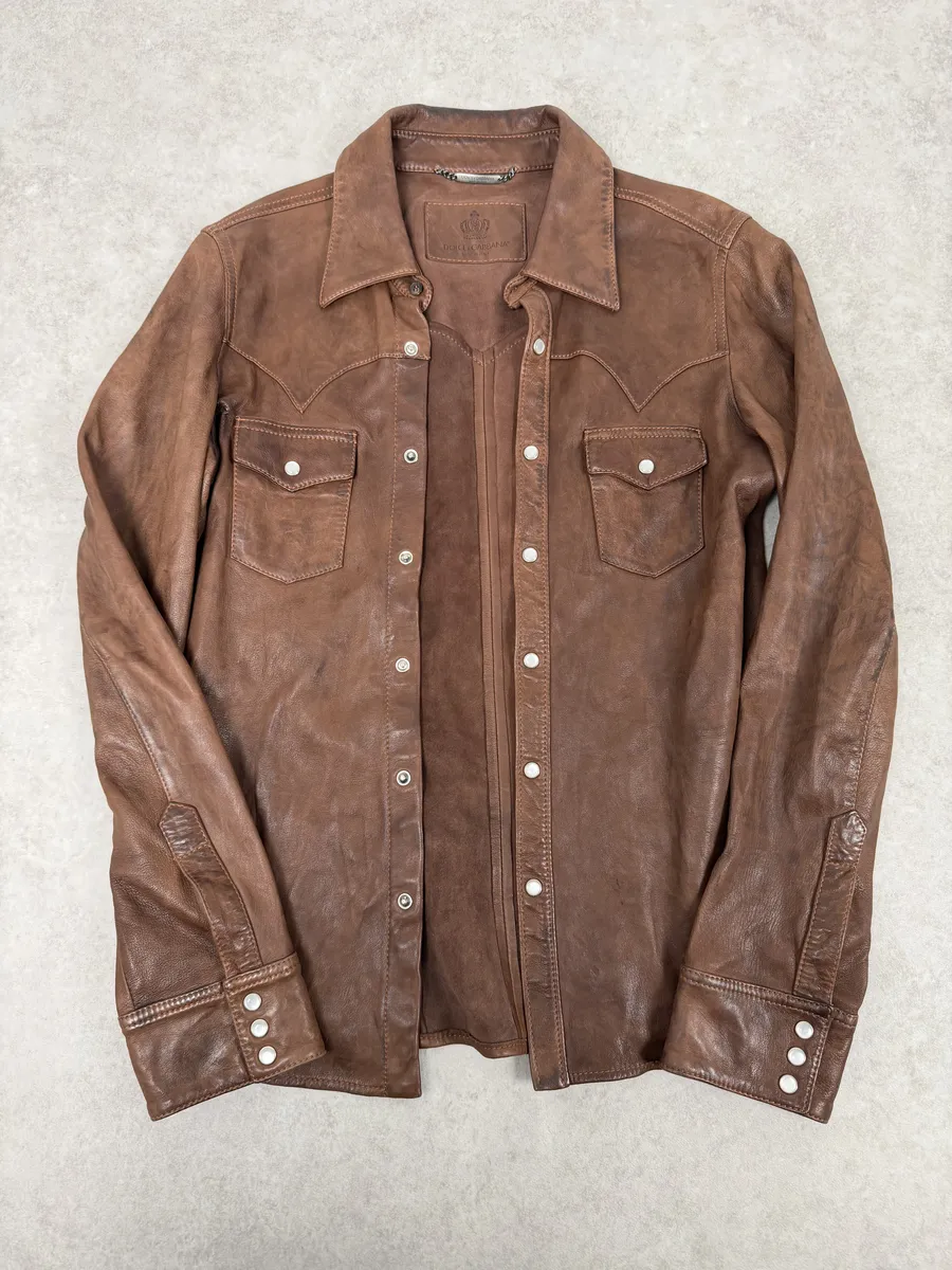 2010s Dolce & Gabbana Brown Leather Western Shirt - Image 6