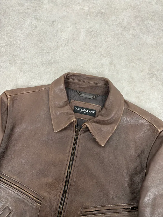 2010s Dolce & Gabbana Brown Taupe Leather Bomber Jacket - Image 4