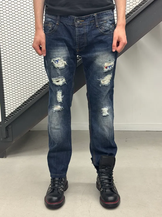 2010s Dolce & Gabbana Flag Holes USA Navy Denim Distressed Jeans