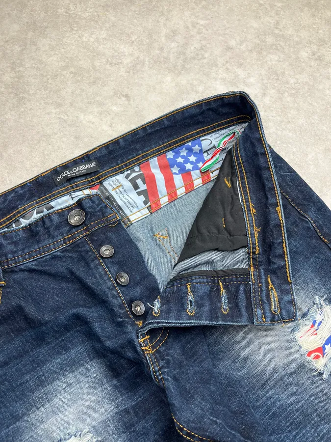 2010s Dolce & Gabbana Flag Holes USA Navy Denim Distressed Jeans - Image 12