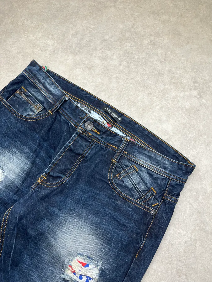 2010s Dolce & Gabbana Flag Holes USA Navy Denim Distressed Jeans - Image 6