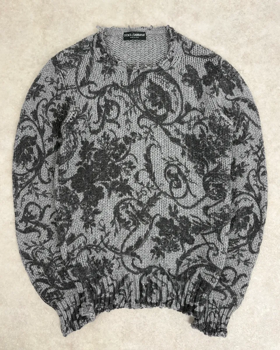 2010s Dolce & Gabbana Floral Grey Wool Sweater