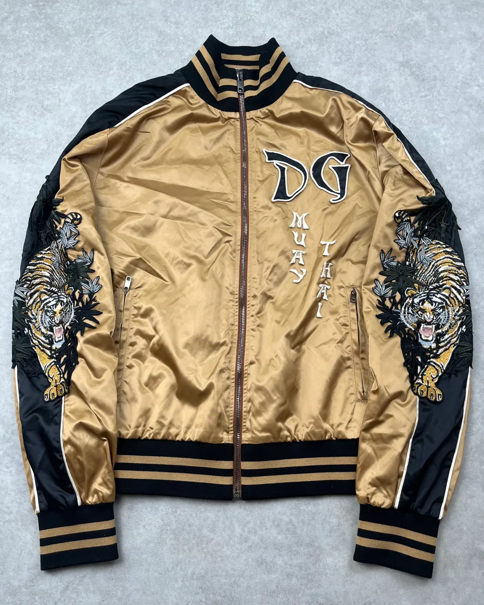 2010s Dolce & Gabbana Gold Nylon Embroidered Tiger Track Bomber Jacket