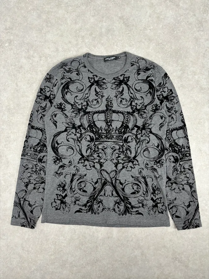 2010s Dolce & Gabbana Grey Baroque Crown Print Longsleeve