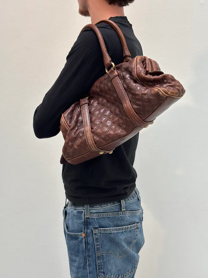 2010s Dolce & Gabbana Vintage Brown Quilted Leather Bowling Bag - Image 2
