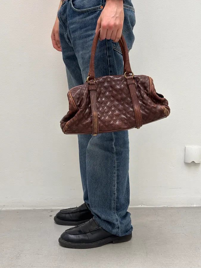 2010s Dolce & Gabbana Vintage Brown Quilted Leather Bowling Bag - Image 3