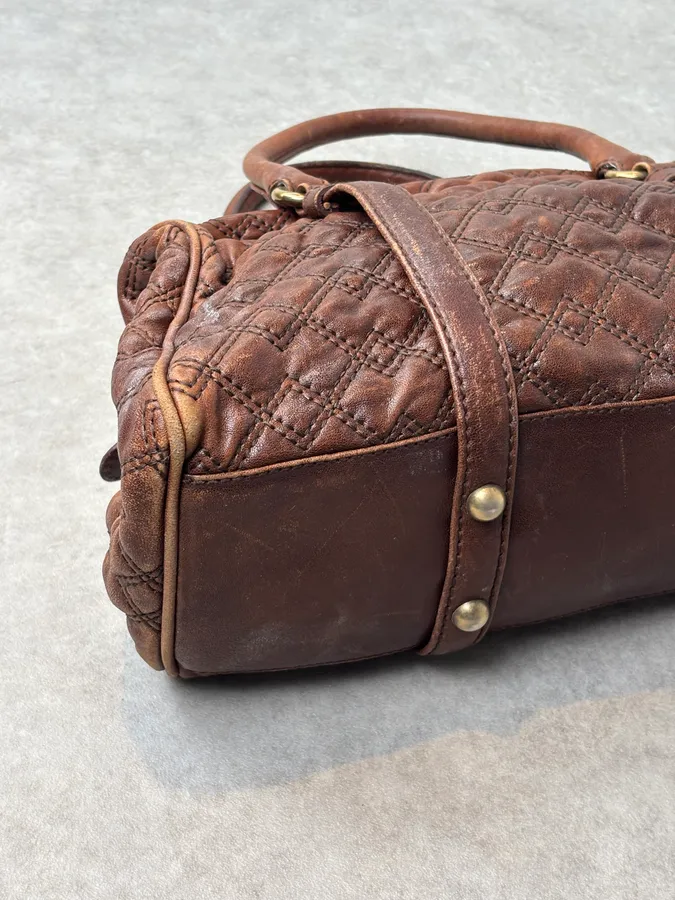 2010s Dolce & Gabbana Vintage Brown Quilted Leather Bowling Bag - Image 7