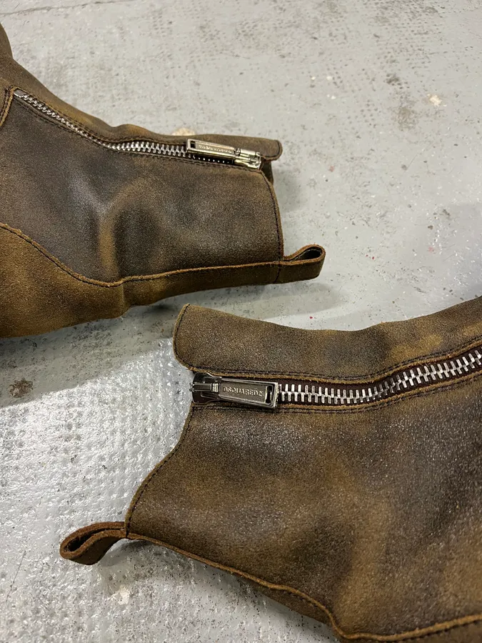 2010s Dsquared2 Double Front Zip Raw Brown Leather Boots - Image 7