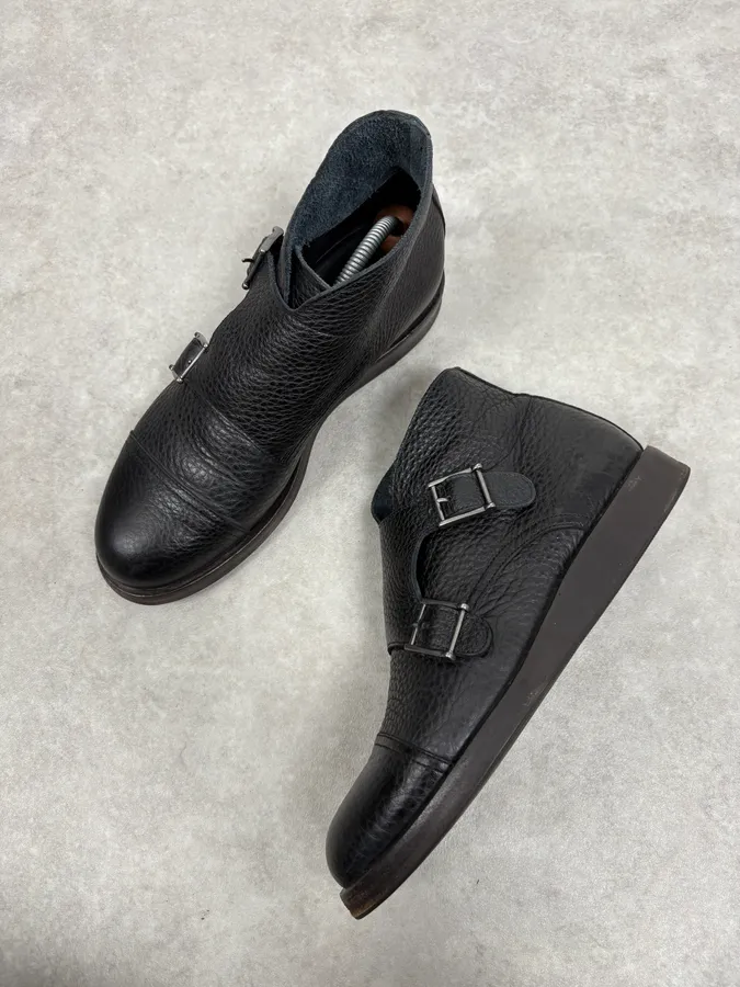 2010s Emporio Armani Black Buckle Leather Grained Boots - Image 4