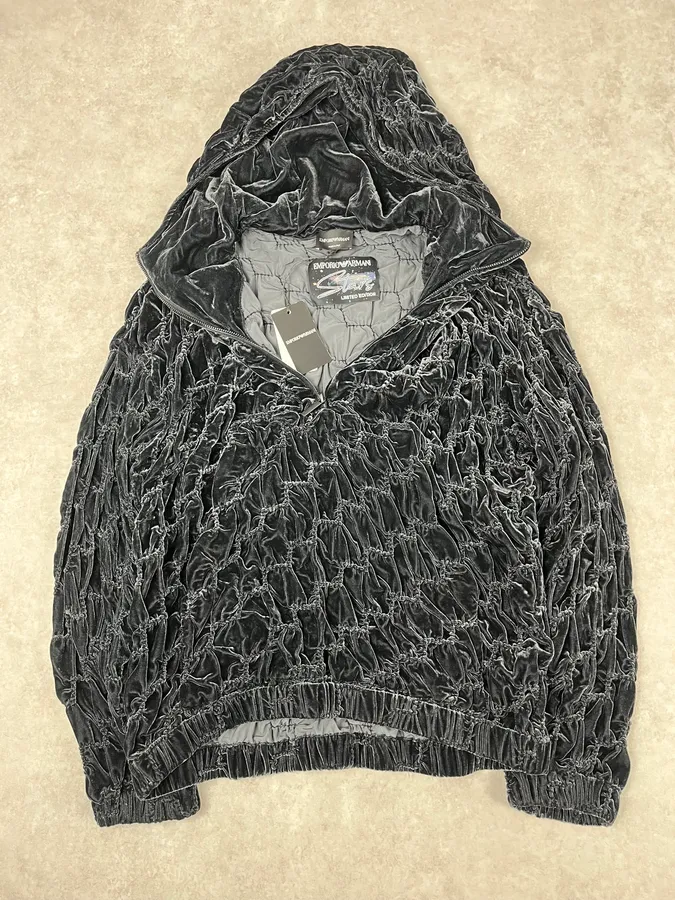 2010s Emporio Armani Black Wool Relief Hooded Jacket - Image 8
