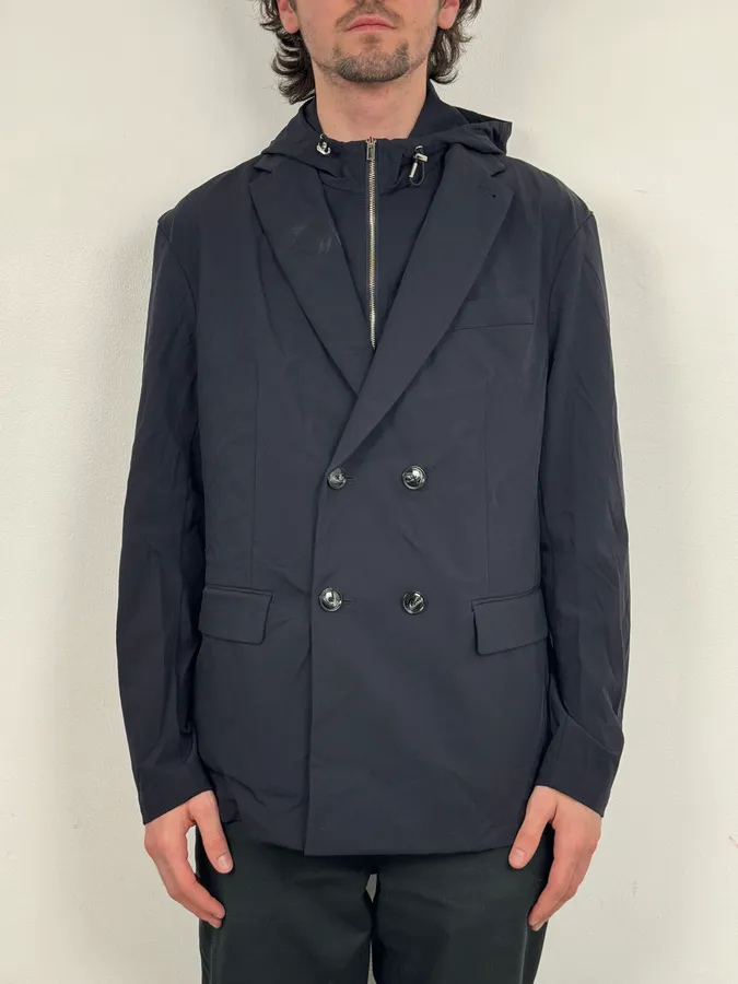 2010s Emporio Armani Multi Zip Windbreaker Navy Layered Hooded Jacket
