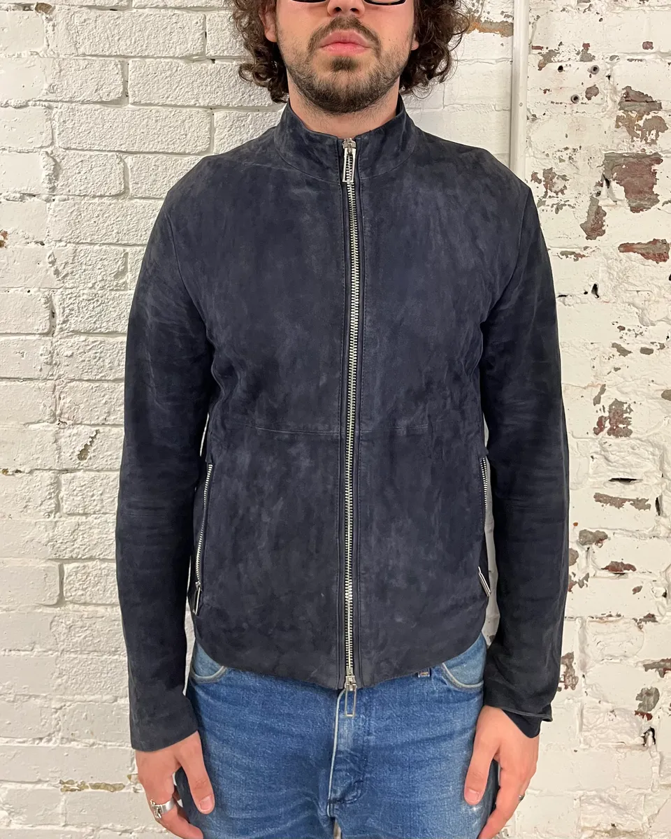 2010s Emporio Armani Navy Goat Suede Leather Jacket - Image 2
