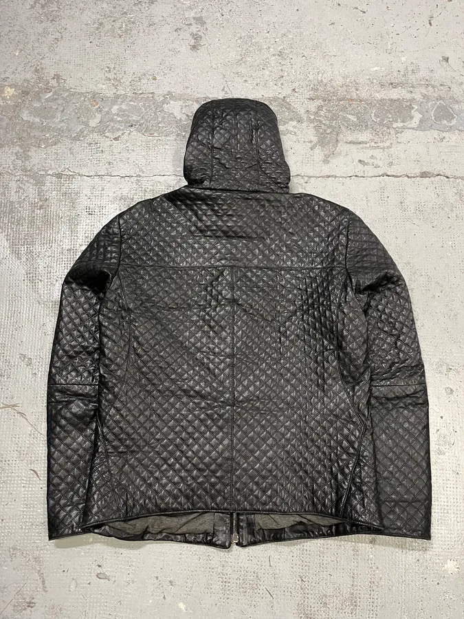 2010s Emporio Armani Quilted Black Ninja Hooded Leather Jacket - Image 7