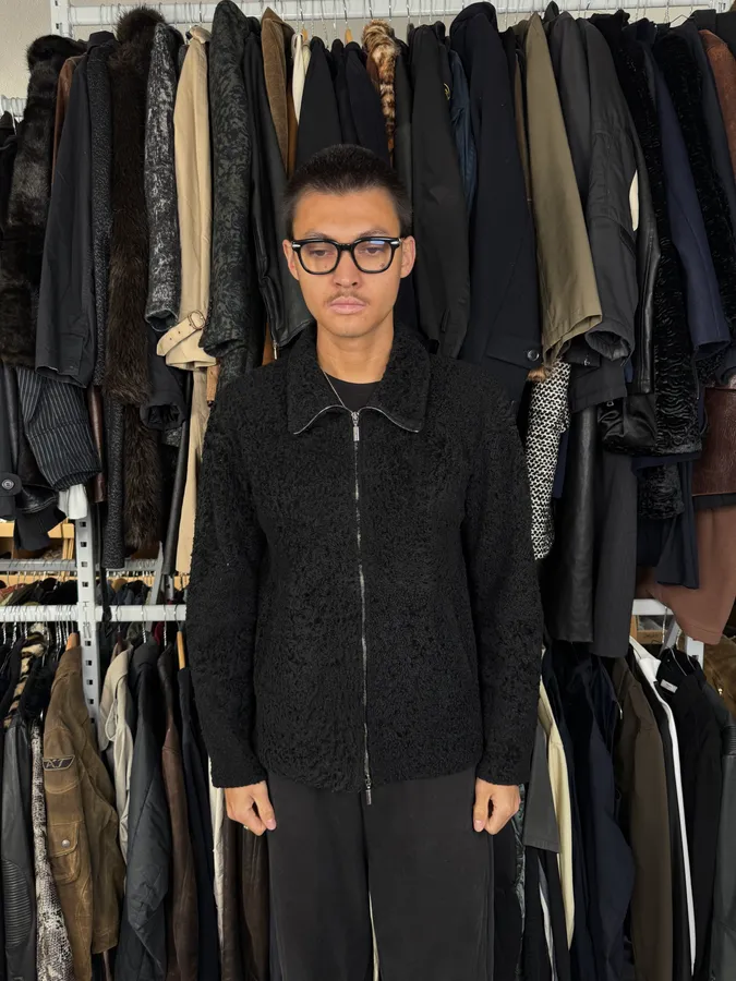 2010s Giorgio Armani Black Zip-up Lamb Fur Jacket - Image 3