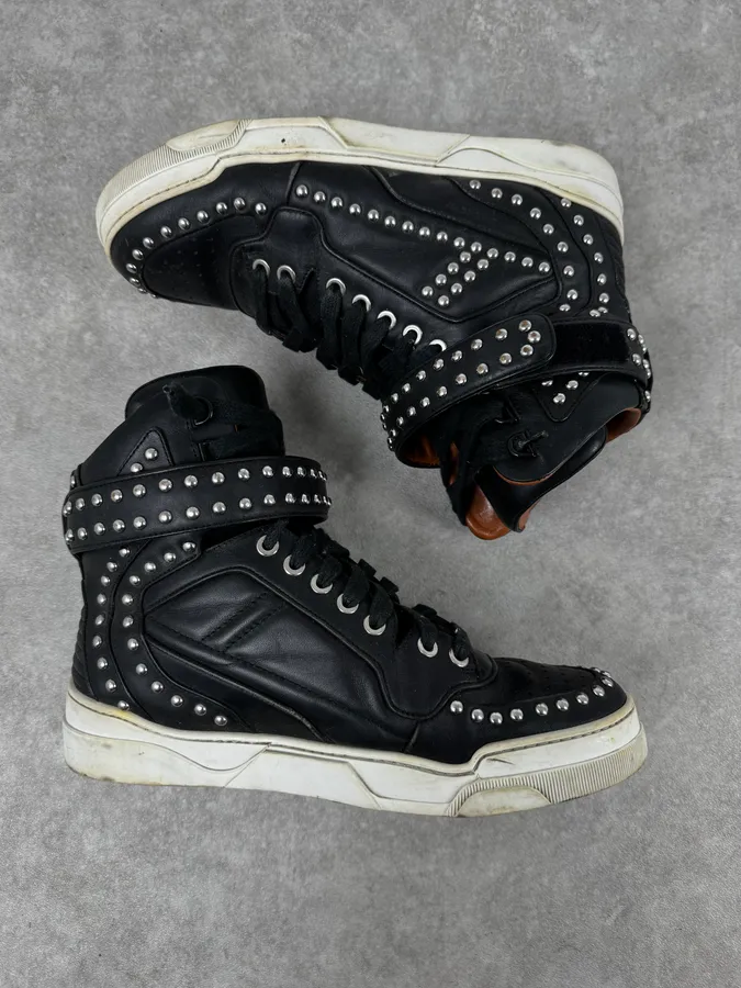 2010s Givenchy Black Studded Tyson Leather High Sneakers - Image 2