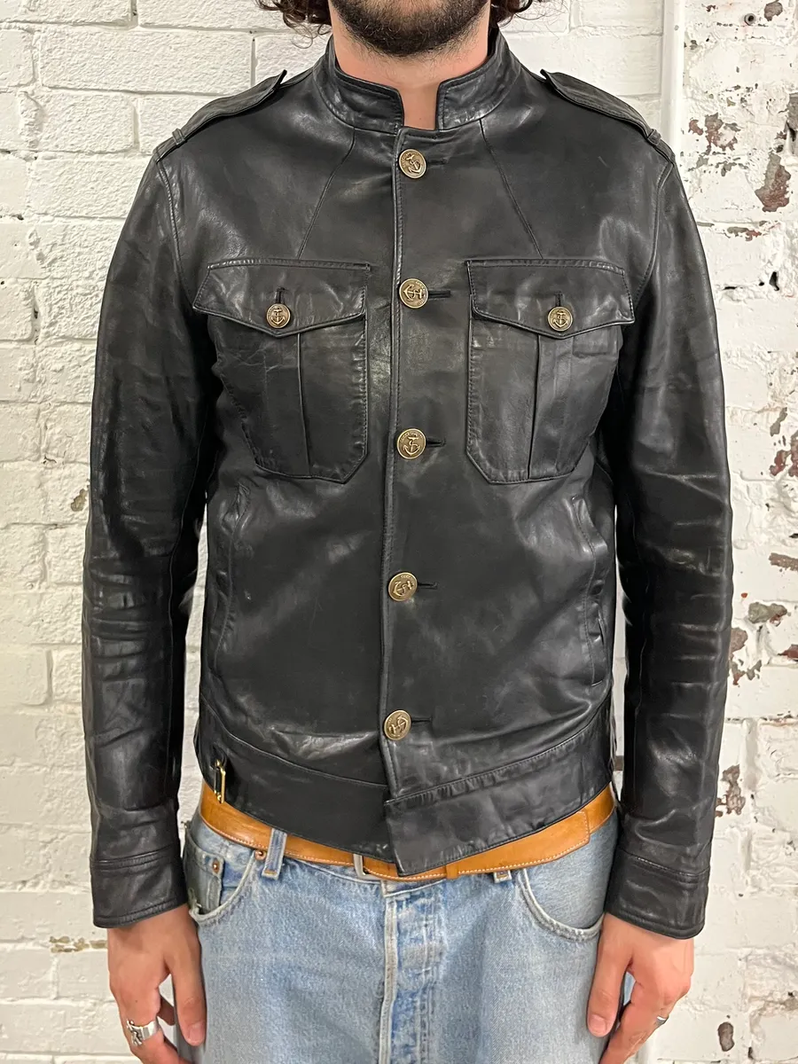2010s Gucci Black Buttoned Officer Leather Jacket by Frida Giannini - Image 2