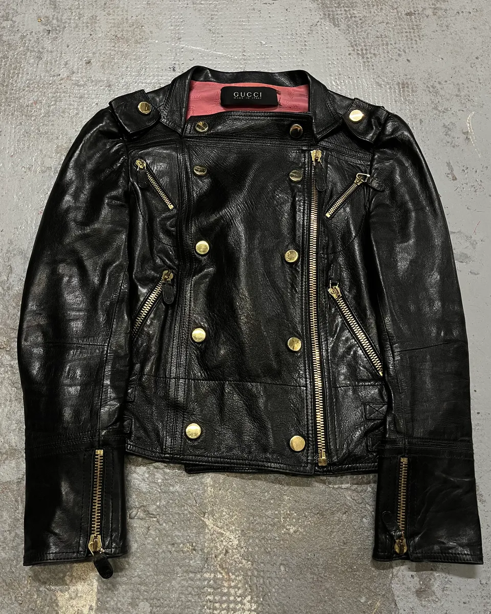 2010s Gucci Black Leather Gold-Studded Biker Jacket - Image 4
