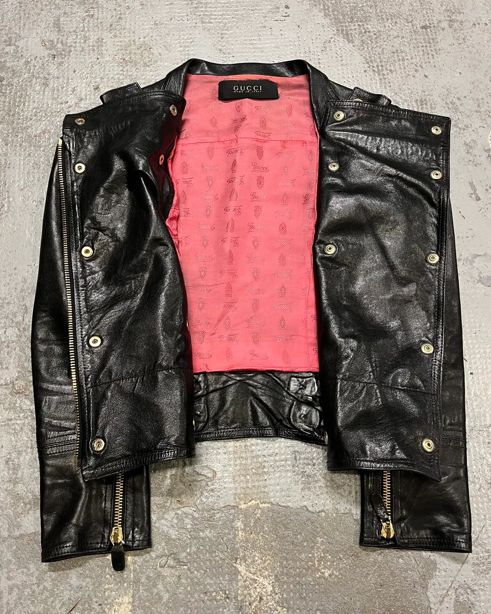 2010s Gucci Black Leather Gold-Studded Biker Jacket - Image 8