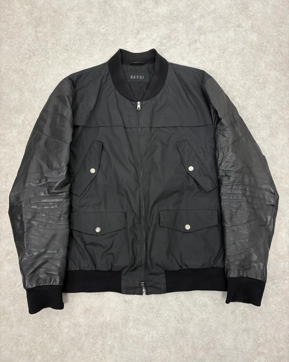 2010s Gucci Black Leather & Nylon Bomber Jacket