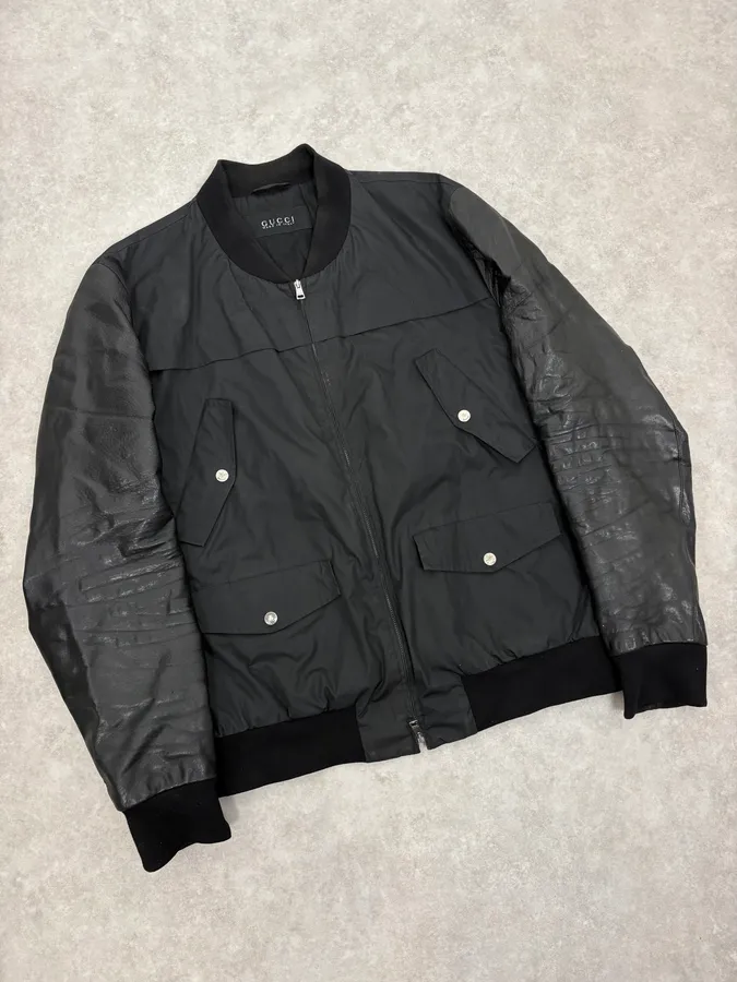2010s Gucci Black Leather & Nylon Bomber Jacket - Image 4