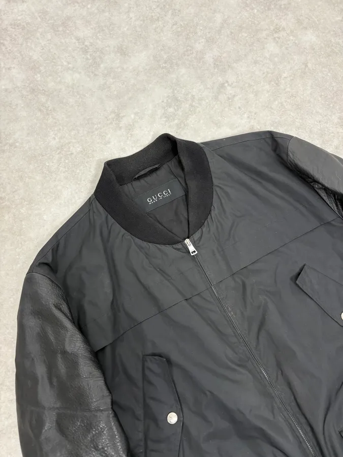 2010s Gucci Black Leather & Nylon Bomber Jacket - Image 5