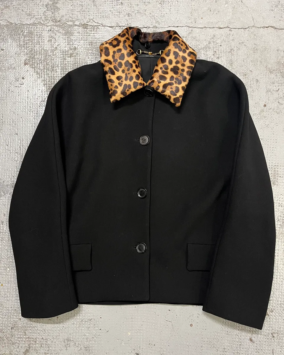 2010s Gucci Leopard Collar Black Wool Jacket