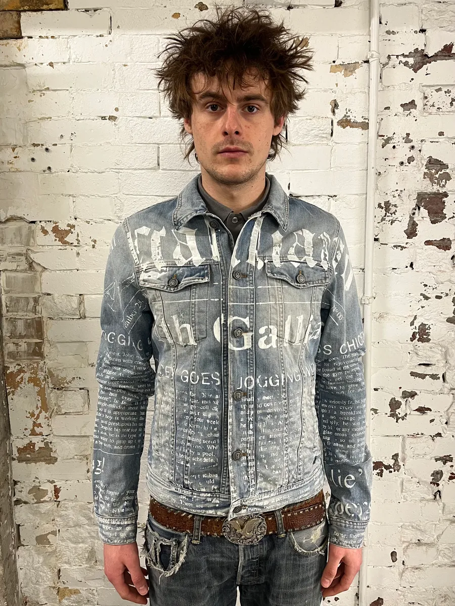 2010s John Galliano Blue Gazette Gothic Script Denim Jacket