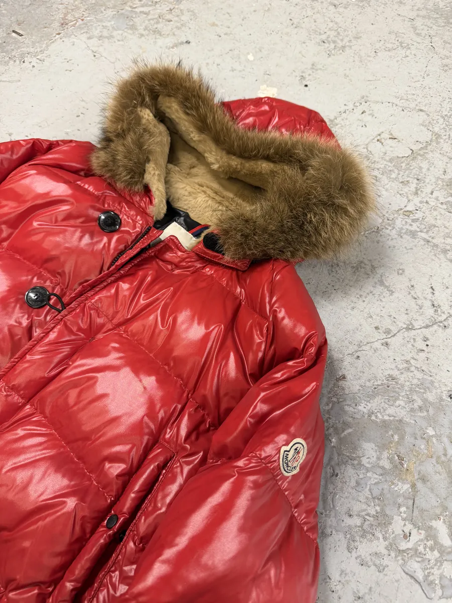2010s Moncler Red Premium Puffer Fur Hooded Jacket - Image 13