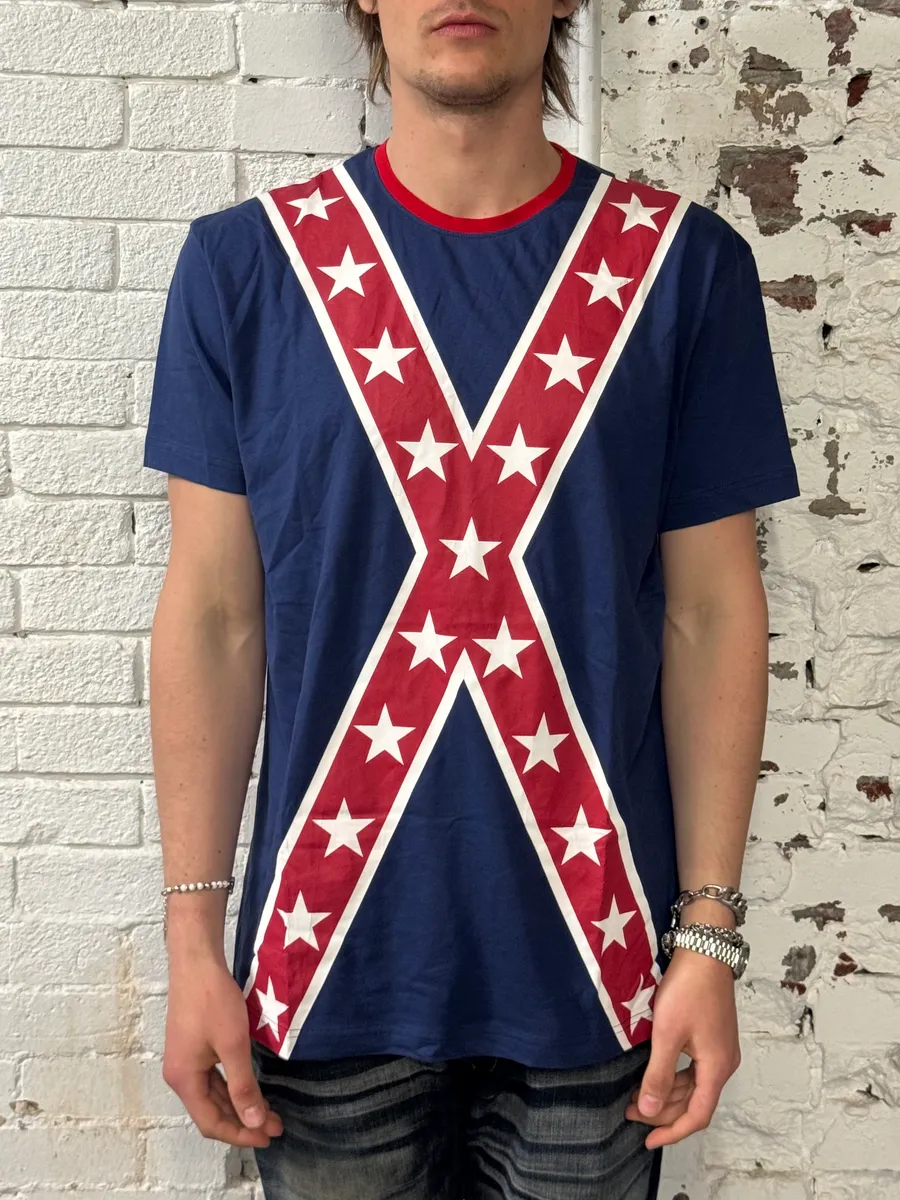2010s Moschino Navy Cross Stars Flag T-Shirt - Image 2