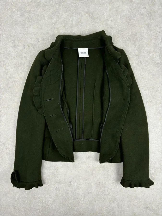 2010s Moschino Olive Wool Ruffled Blazer Jacket - Image 8