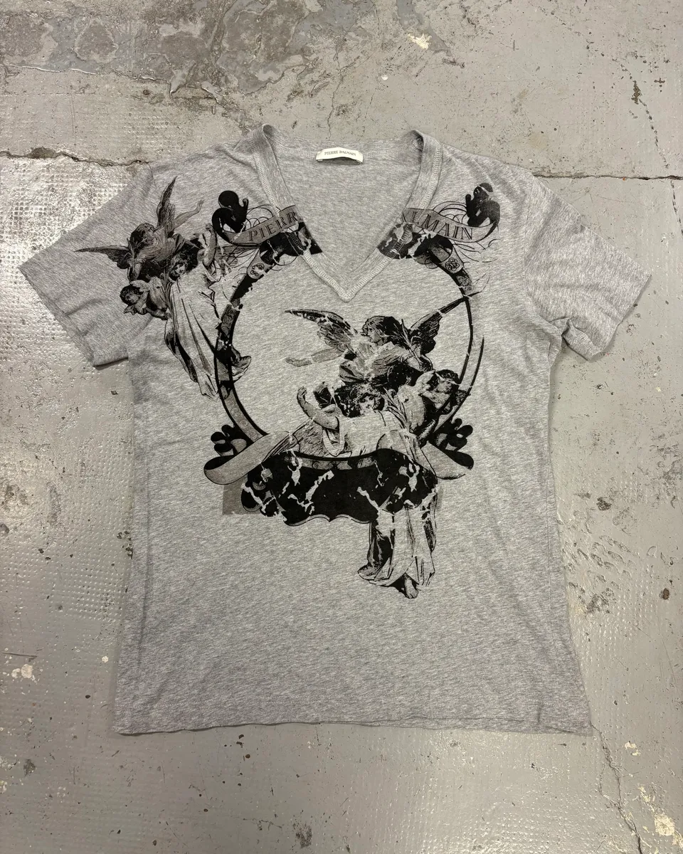 2010s Pierre Balmain Angels V-Neck Grey T-Shirt