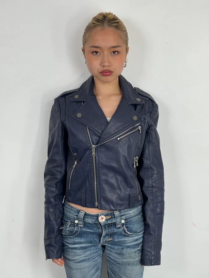 2010s Pierre Balmain Perfecto Biker Blue Leather Jacket - Image 2