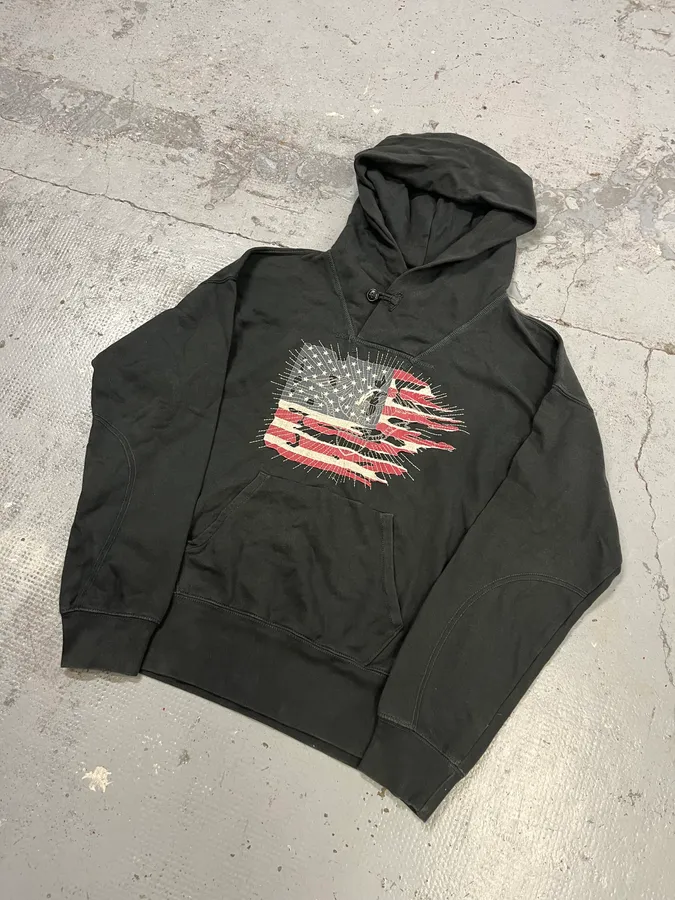 2010s Ralph Lauren American Distressed Flag Black Fadded Hoodie - Image 7