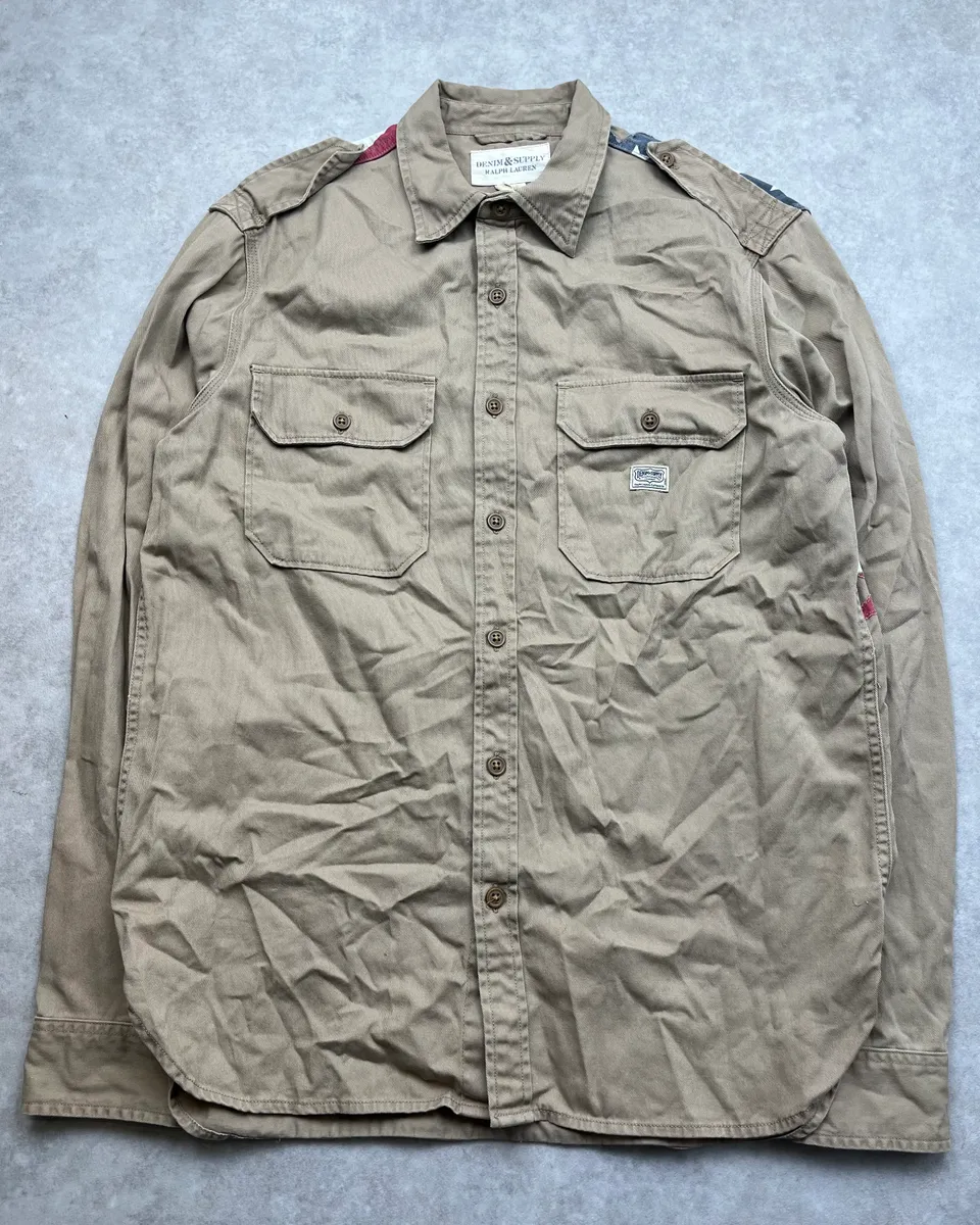 2010s Ralph Lauren Beige Distressed US Flag Shirt - Image 5