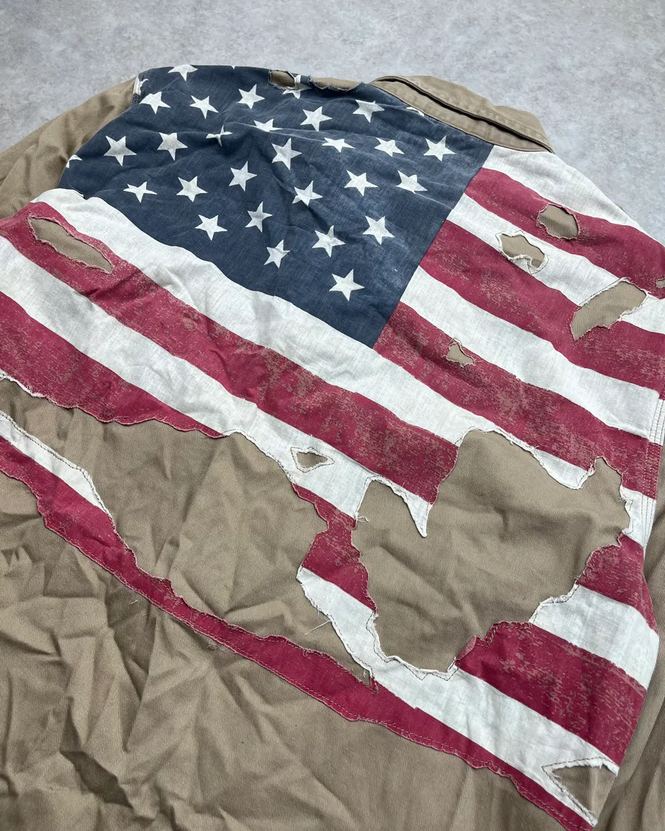 2010s Ralph Lauren Beige Distressed US Flag Shirt - Image 9