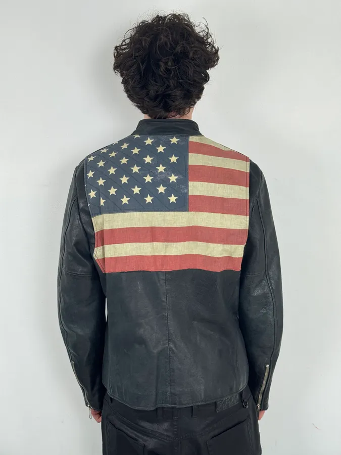 2010s Ralph Lauren Black Buffalo Leather American Flag Biker Jacket - Image 3