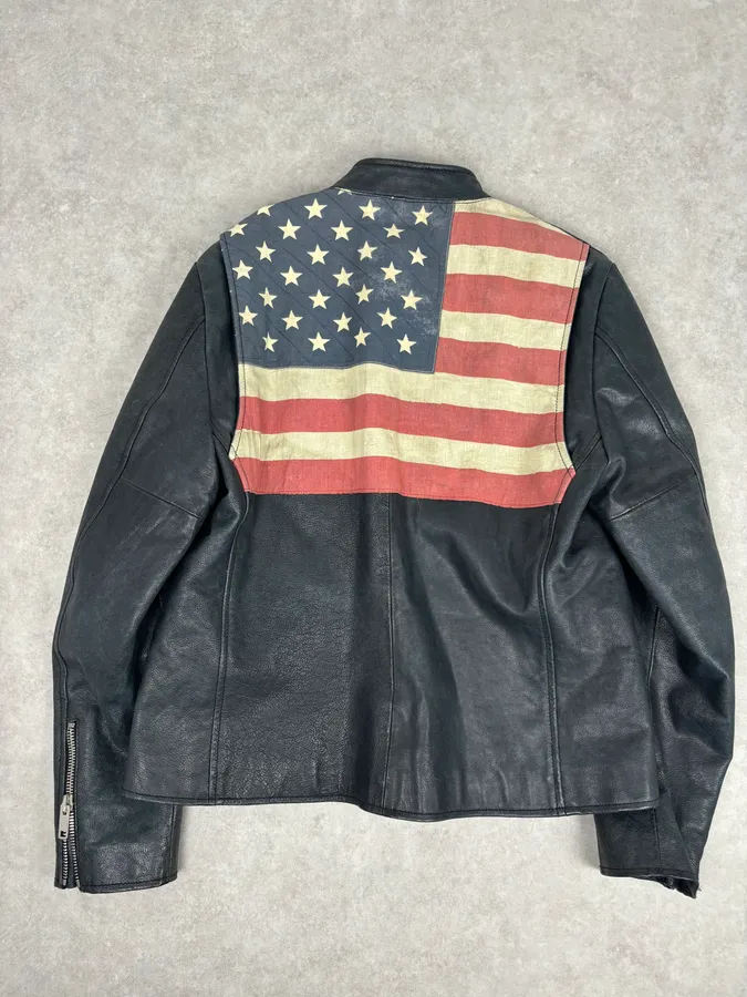 2010s Ralph Lauren Black Buffalo Leather American Flag Biker Jacket