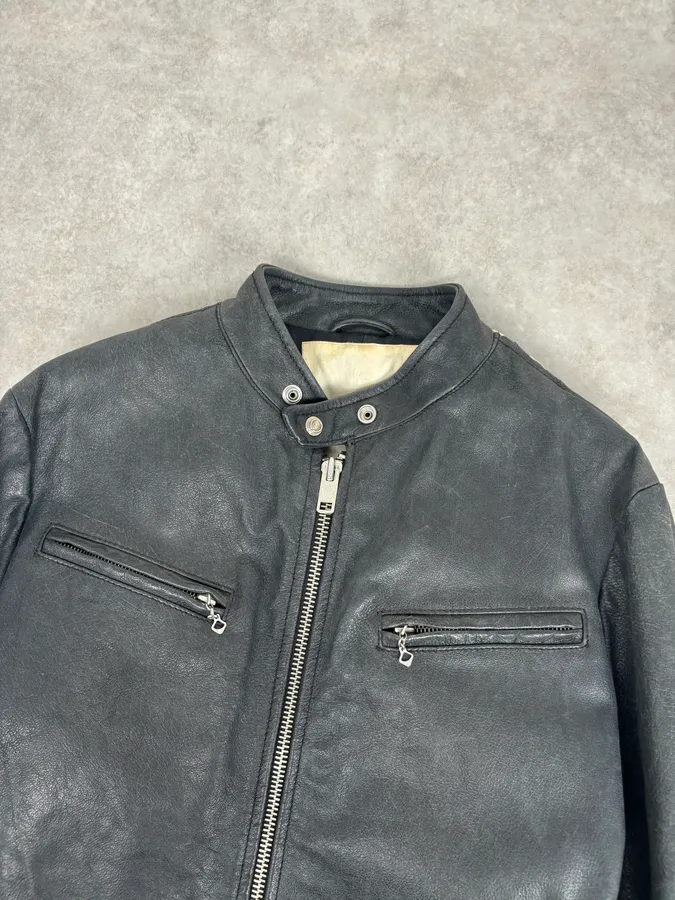 2010s Ralph Lauren Black Buffalo Leather American Flag Biker Jacket - Image 5