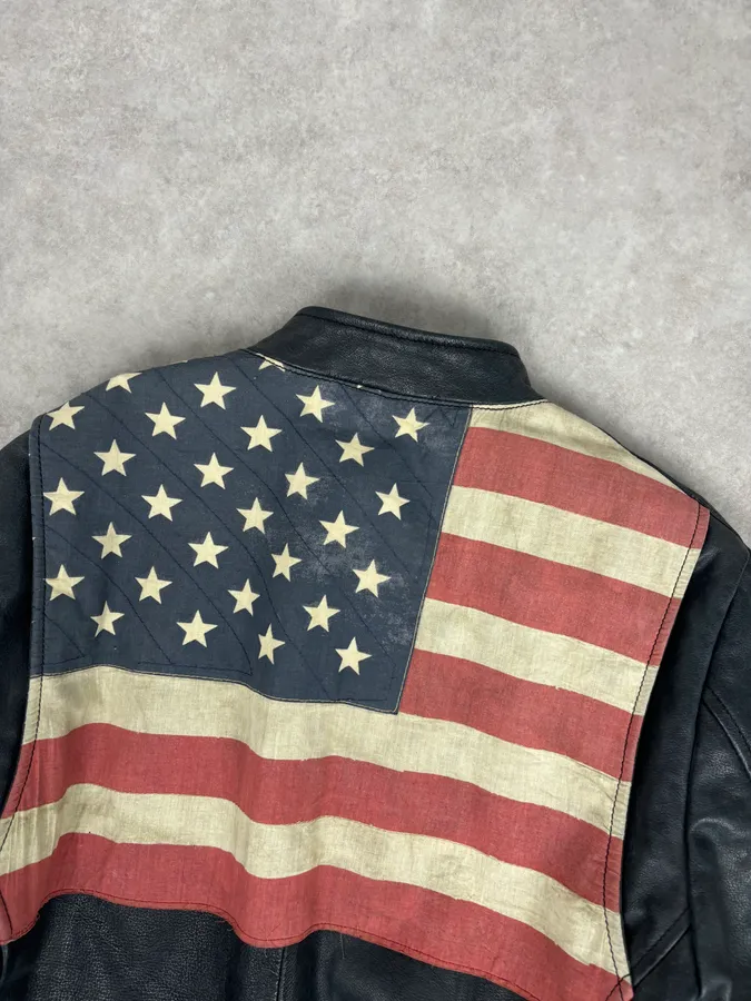 2010s Ralph Lauren Black Buffalo Leather American Flag Biker Jacket - Image 6