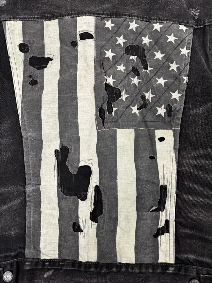 2010s Ralph Lauren Black Distressed USA Flag Denim Jacket - Image 10